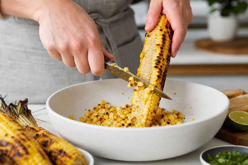 Cutting grilled corn kernels off the cob into a mixing bowl
