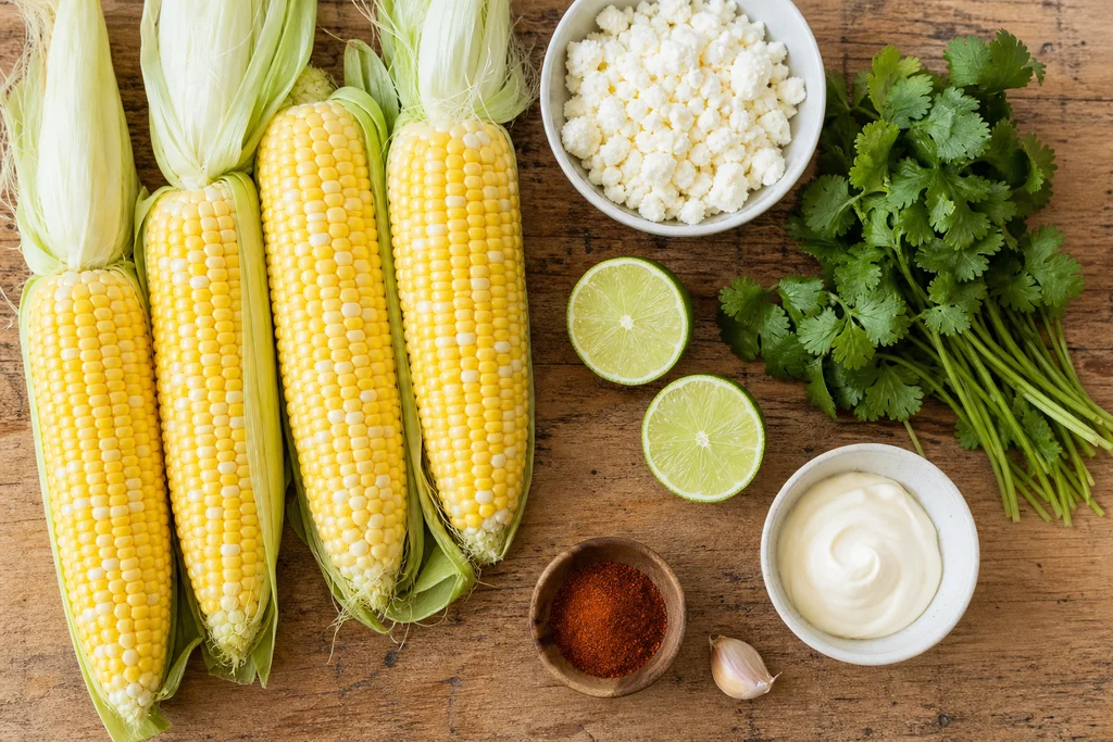 Fresh corn cilantro lime cotija and mayo ingredients for Mexican street corn salad