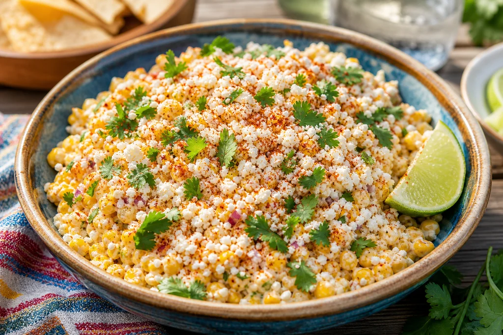 Finished Mexican street corn salad bowl topped with cotija cilantro and chili powder