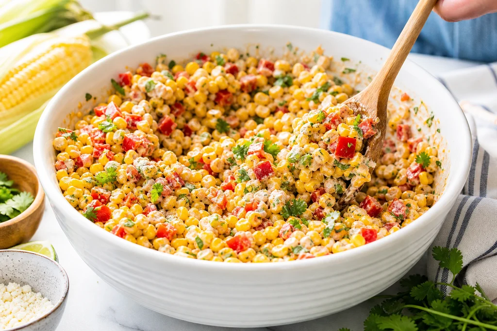 Tossing charred corn with peppers and creamy dressing in a large bowl