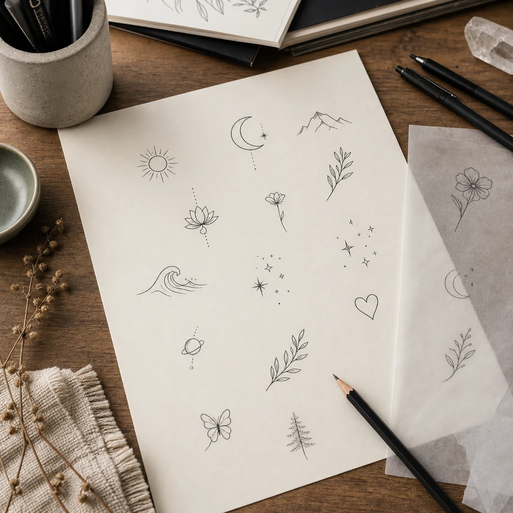 Minimalist fine line tattoo flash sheet ideas on a studio desk