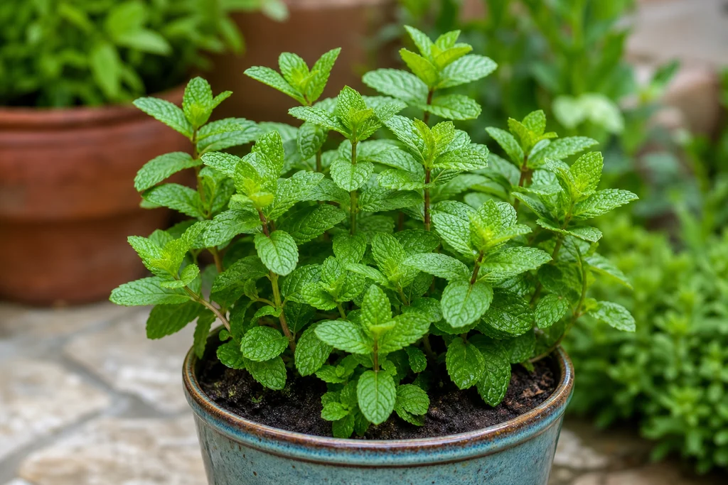 Mint plant growing in a contained ceramic pot on a patio