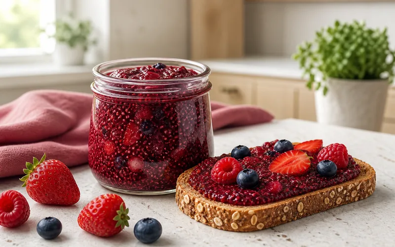Jar of sugar free mixed berry chia jam with toast and fresh berries
