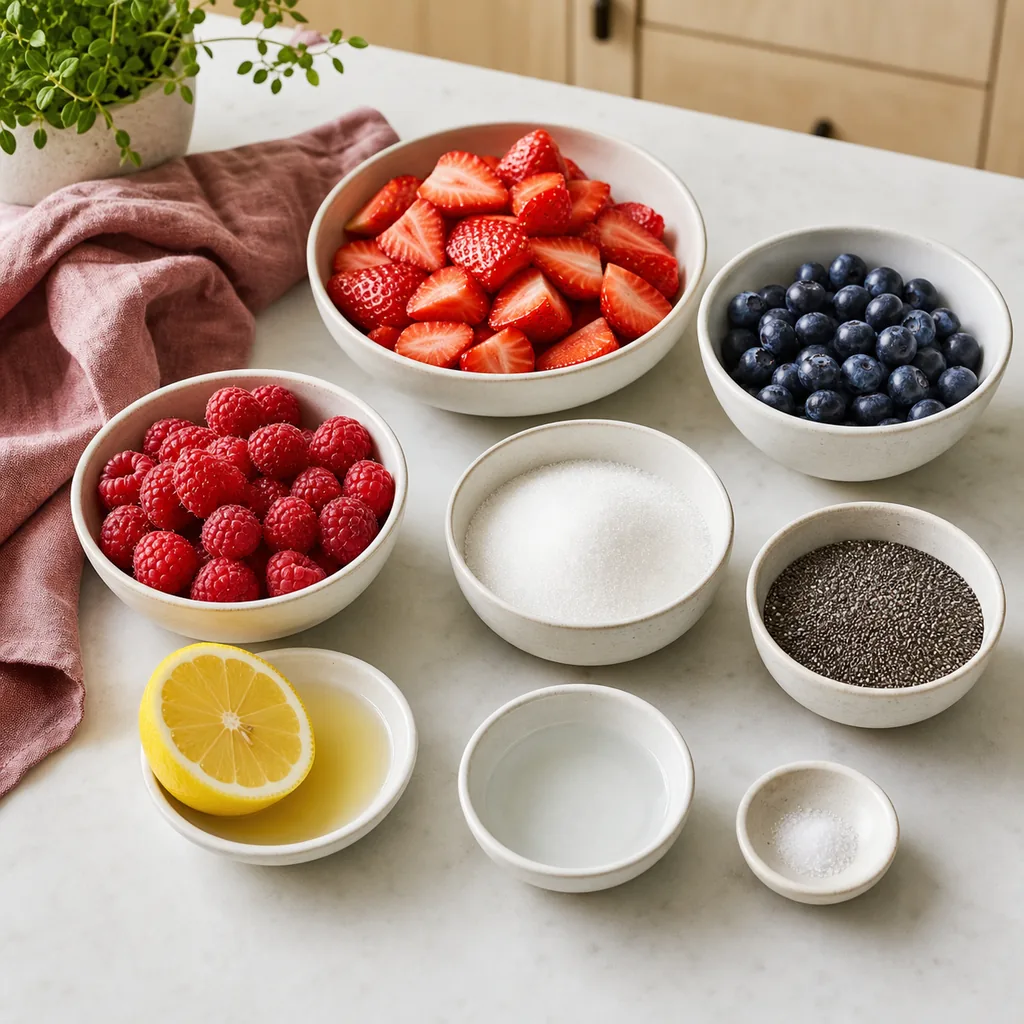 Strawberries, blueberries, raspberries, allulose, chia, lemon, water and salt