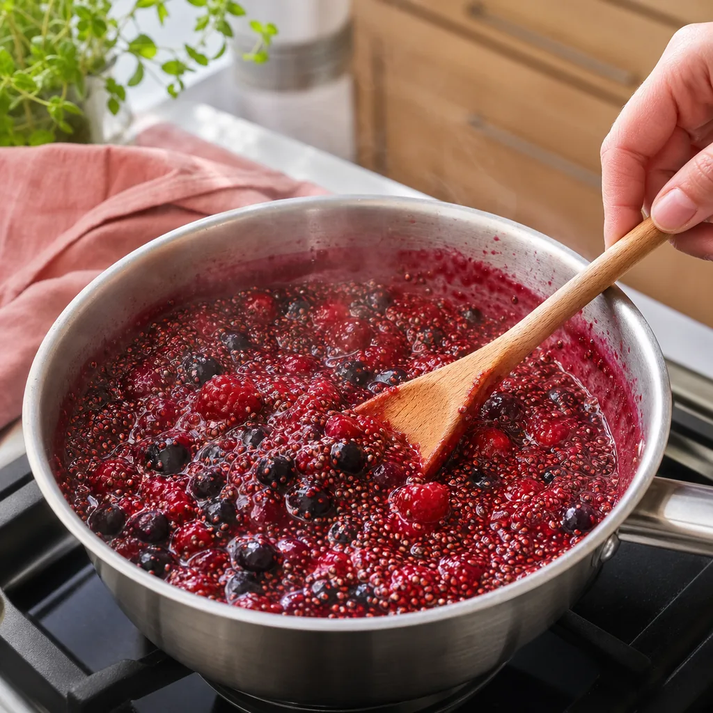 Mixed berry chia jam simmering in a stainless steel saucepan