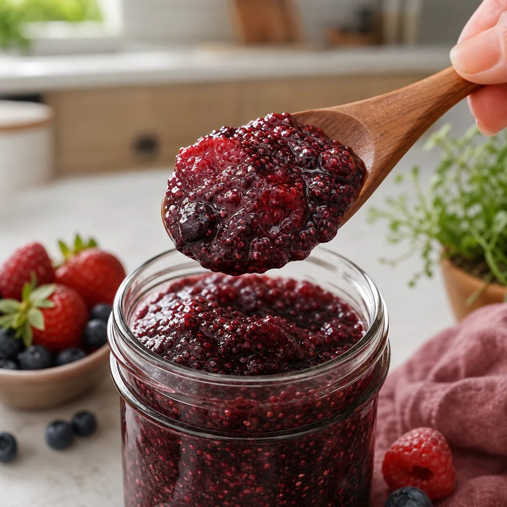 Spoon lifting thick sugar free mixed berry chia jam