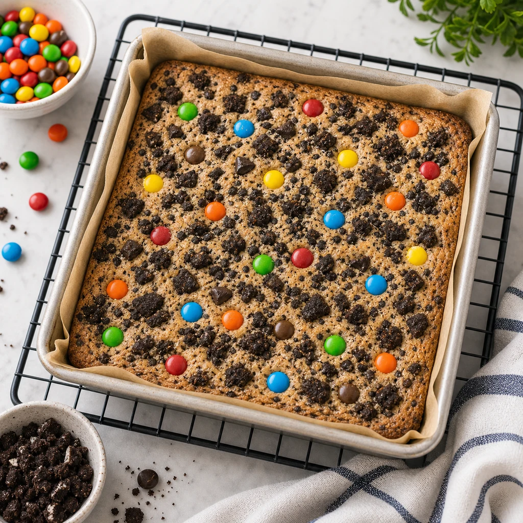 Baked M&M Oreo Cookie Bars cooling in a parchment-lined pan on a wire rack