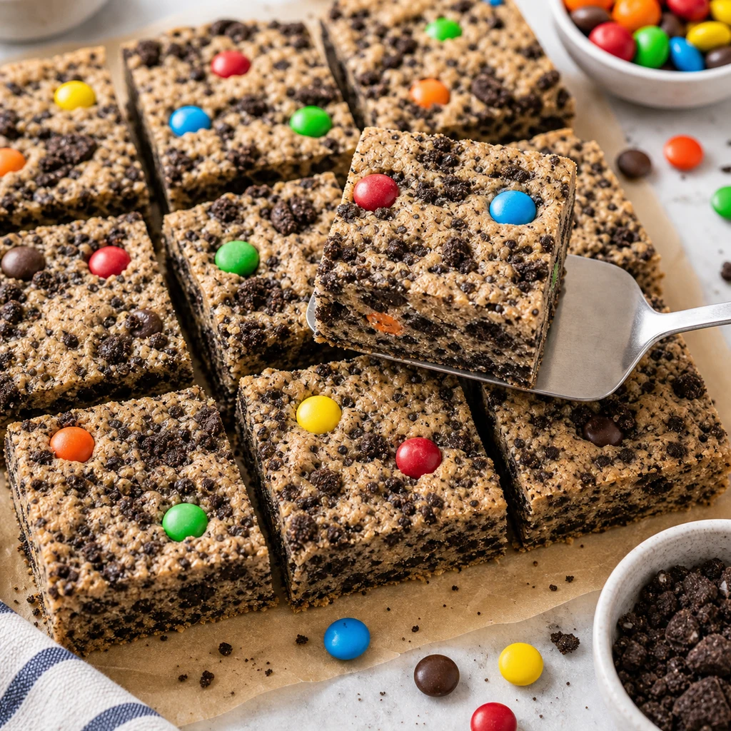 Cooled M&M Oreo Cookie Bars cut into neat squares with a chewy crumb and colorful candy pieces