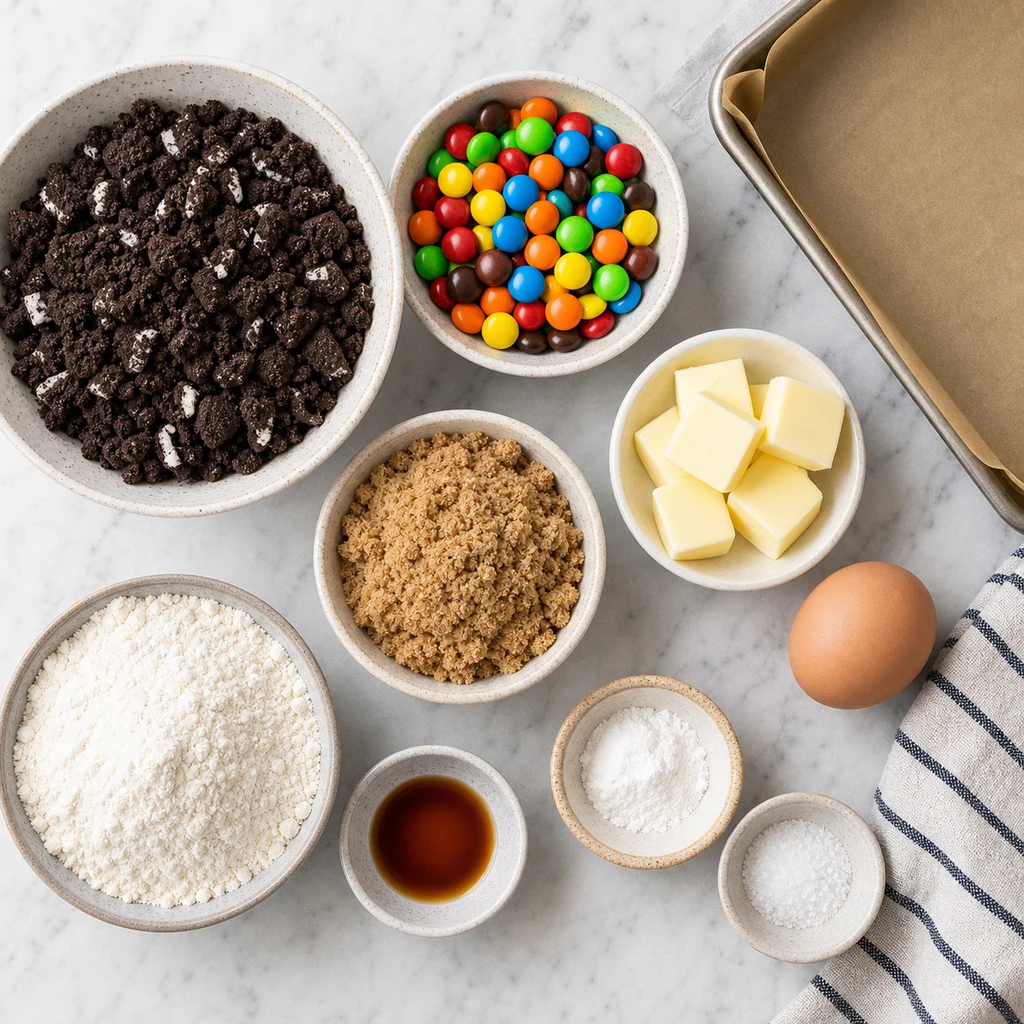 Ingredients for M&M Oreo Cookie Bars including crushed chocolate cookie crumbs, colorful candy pieces, flour, brown sugar, butter, egg, vanilla, baking powder, salt, and parchment