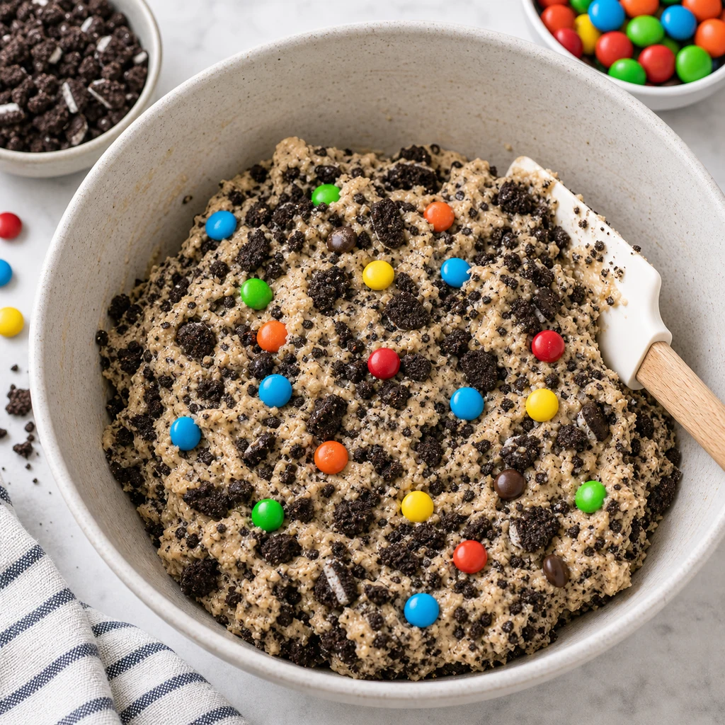 Thick cookie bar dough mixed with crushed chocolate cookie crumbs and colorful candy pieces in a large bowl