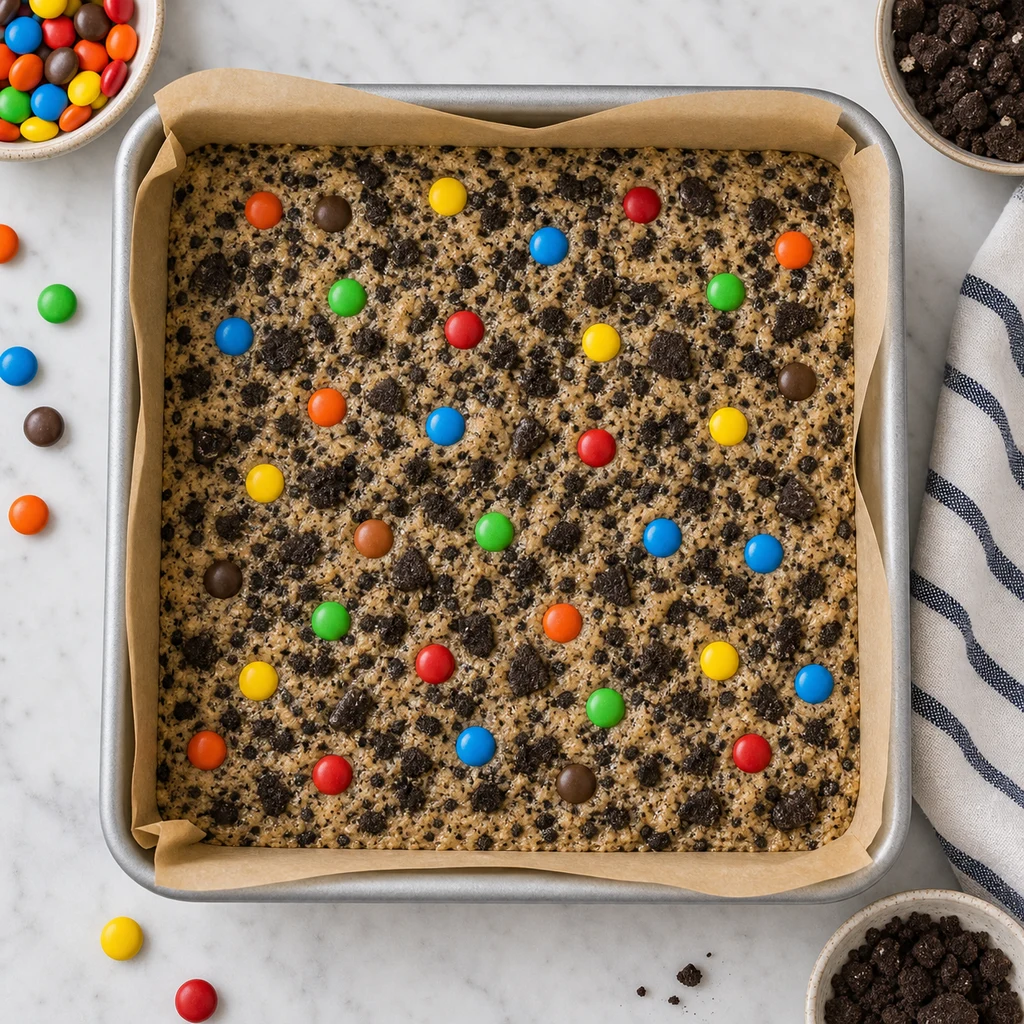 M&M Oreo Cookie Bar dough pressed evenly into a parchment-lined square baking pan