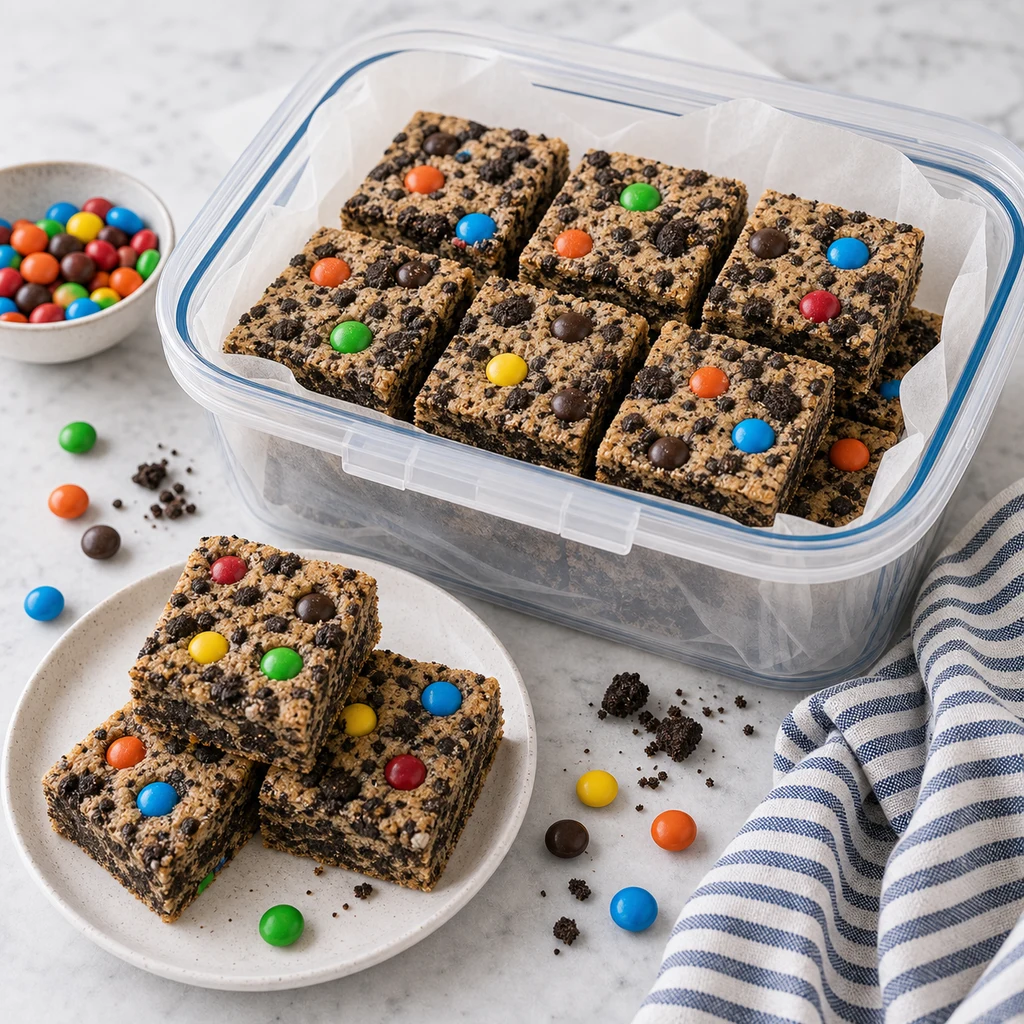 M&M Oreo Cookie Bars stored in a parchment-lined airtight container with a few squares on a small plate