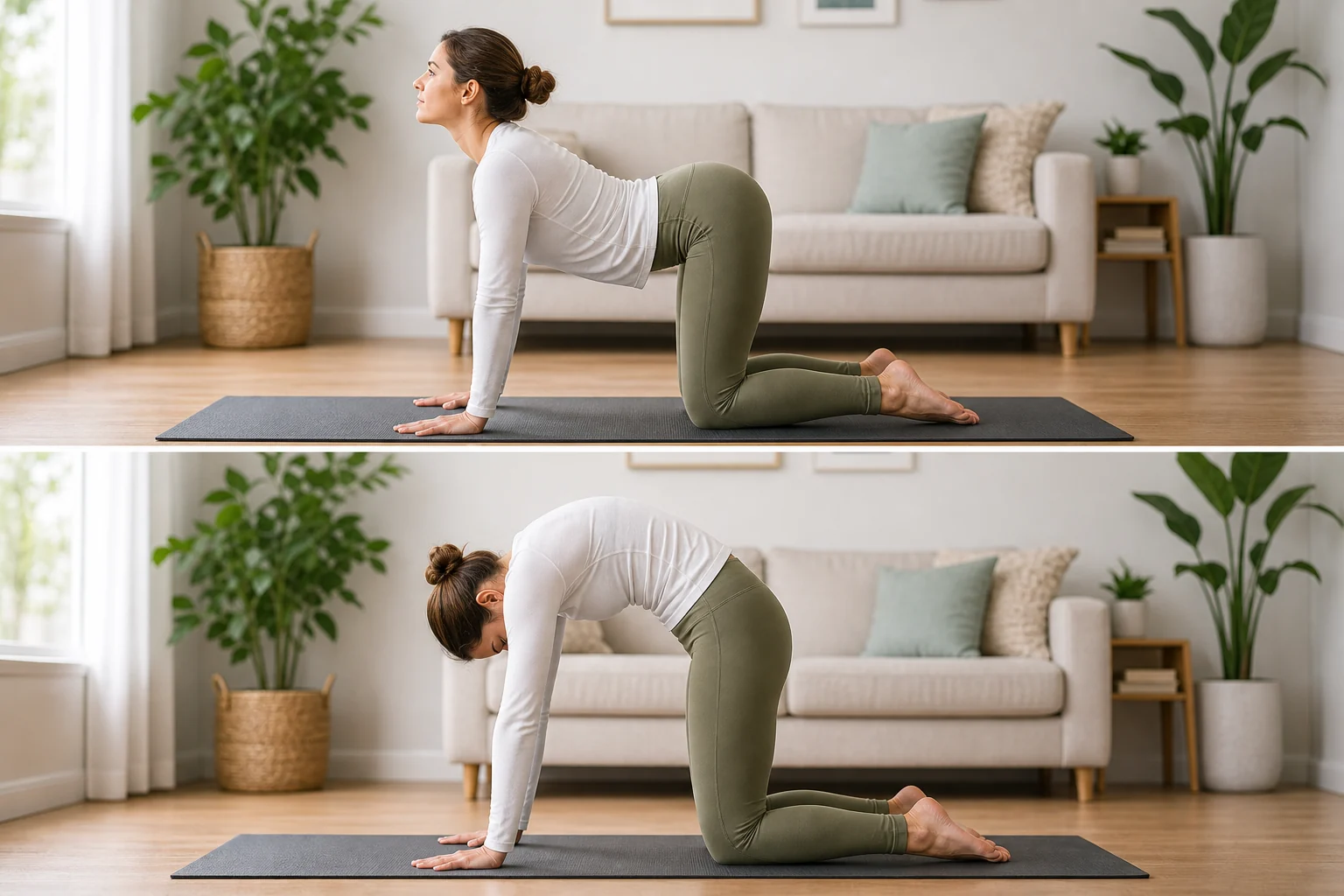 Beginner cat cow stretch on a yoga mat at home