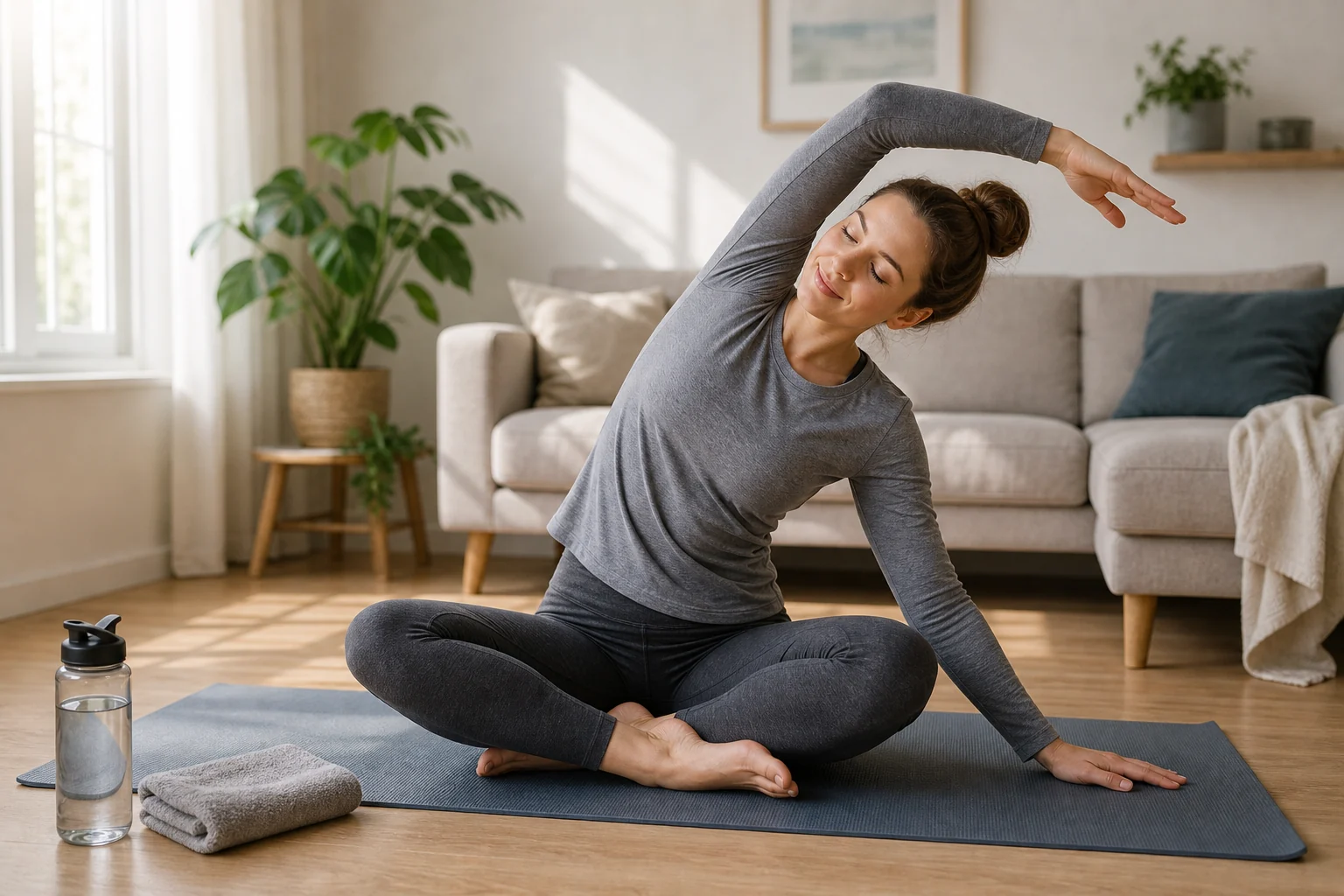 Beginner seated side stretch on a yoga mat in a bright living room