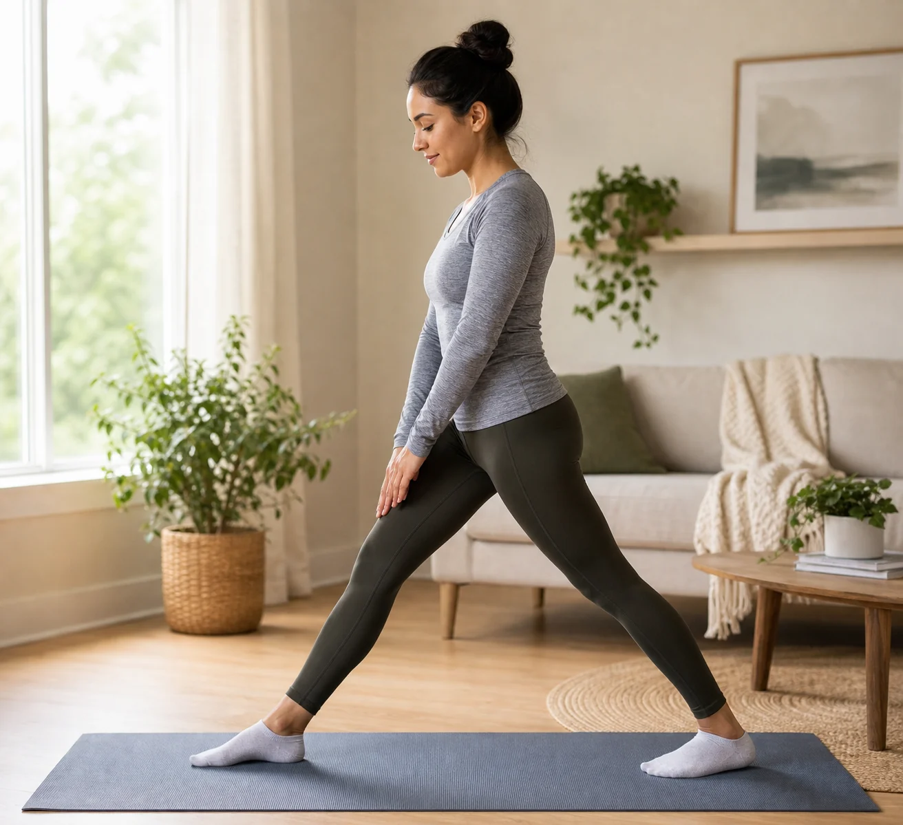 Beginner standing hamstring stretch on a yoga mat at home