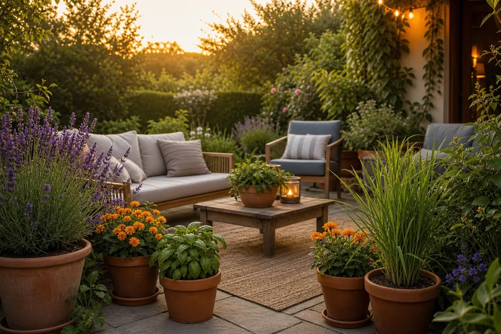 Cluster of mosquito repelling plants in pots around outdoor patio seating