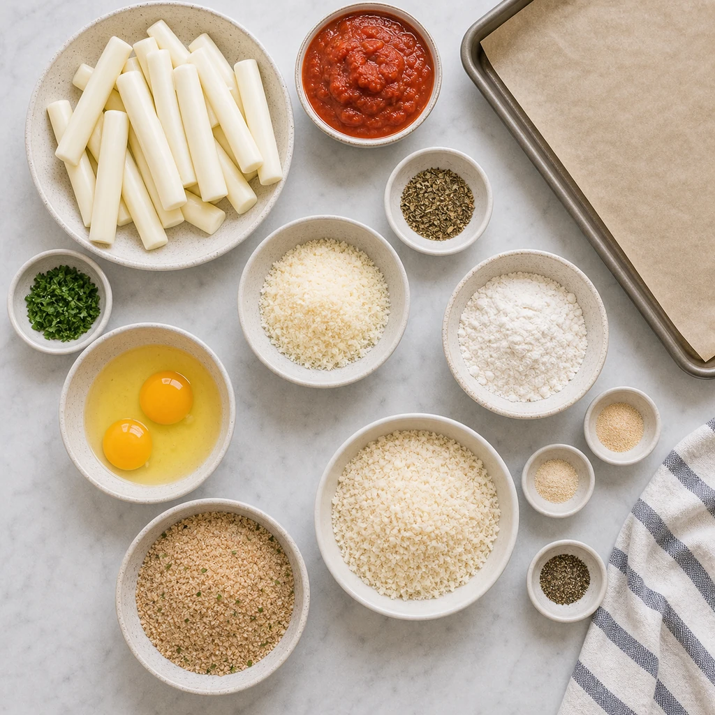 Ingredients for healthy mozzarella sticks including cheese sticks, breadcrumbs, parmesan, eggs, flour, seasonings, marinara, and baking sheet