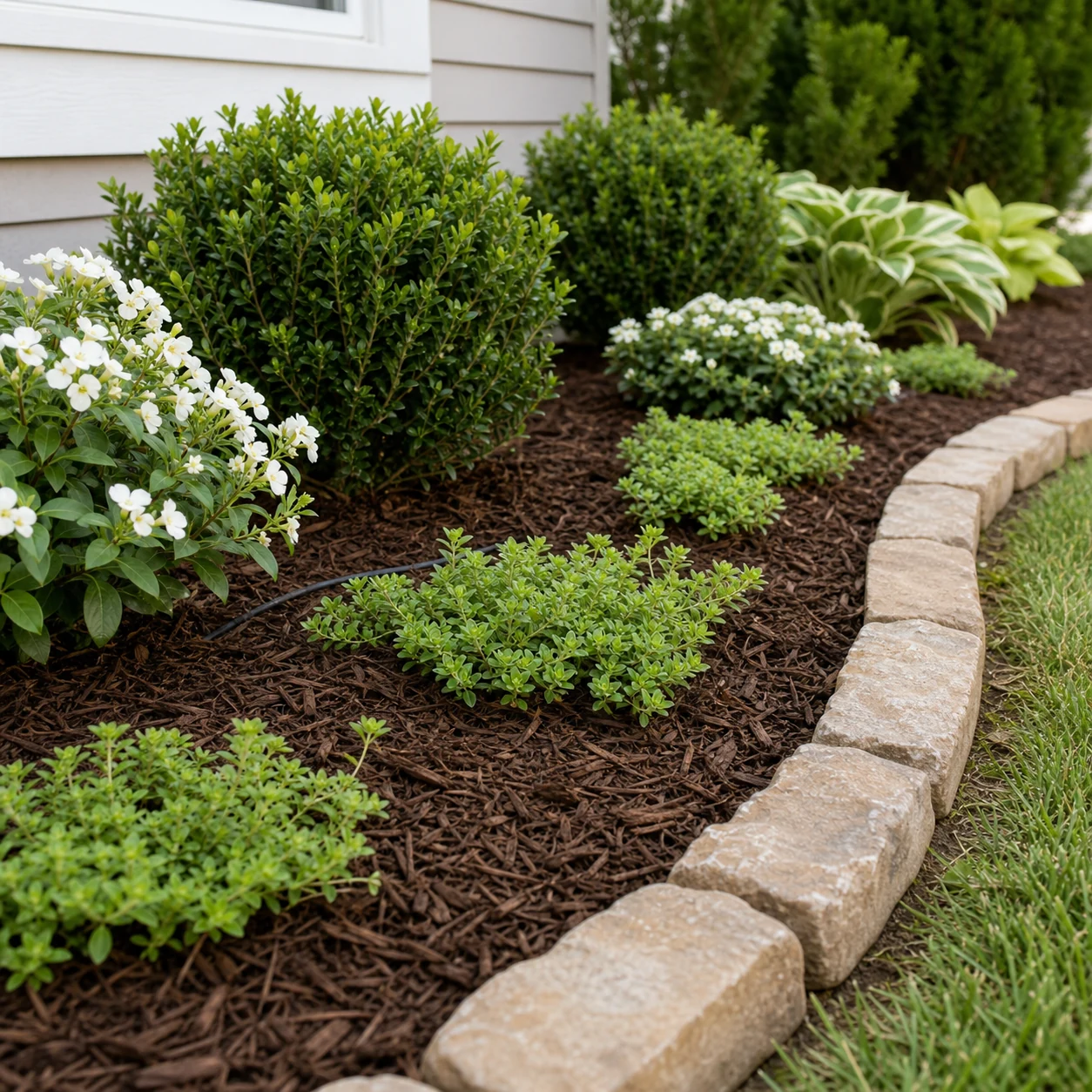 Tidy foundation garden bed with curved stone edge fresh mulch shrubs and groundcover