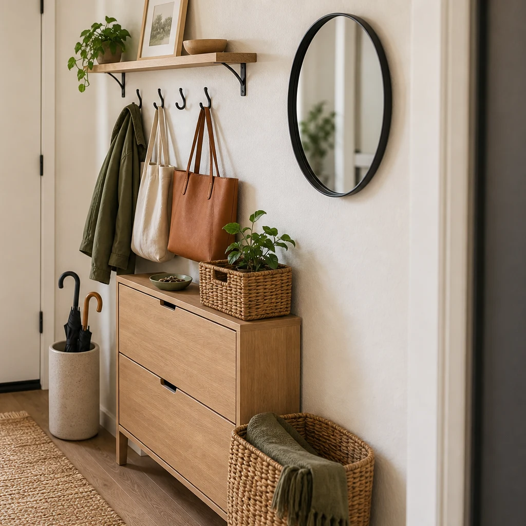 Narrow hallway entryway with wall hooks, slim cabinet, mirror, umbrella stand, and baskets