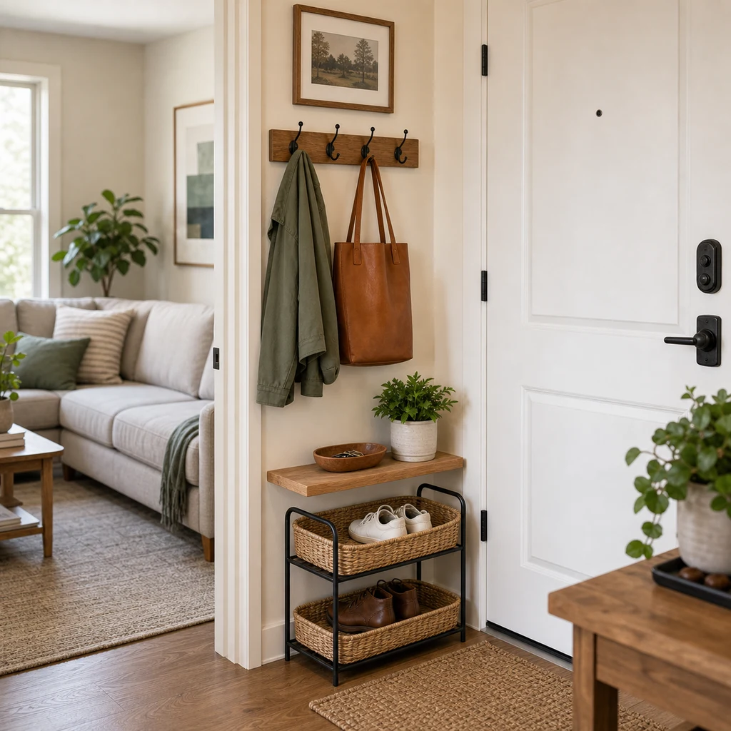 No foyer entryway beside a living room with compact hooks, small cart, key bowl, plant, and shoe basket