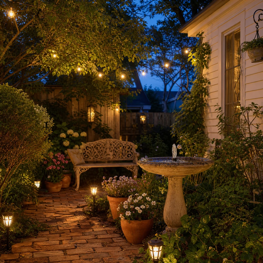 Nostalgic backyard evening lights with a birdbath, bench, and brick path