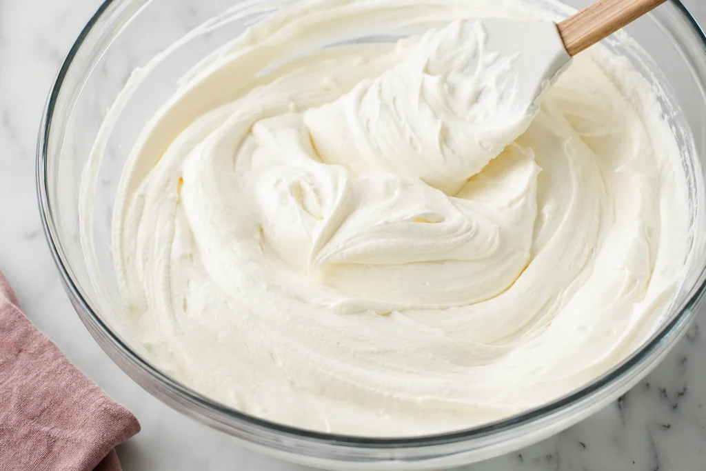 Cream cheese and whipped topping folded together for Oreo pudding layers