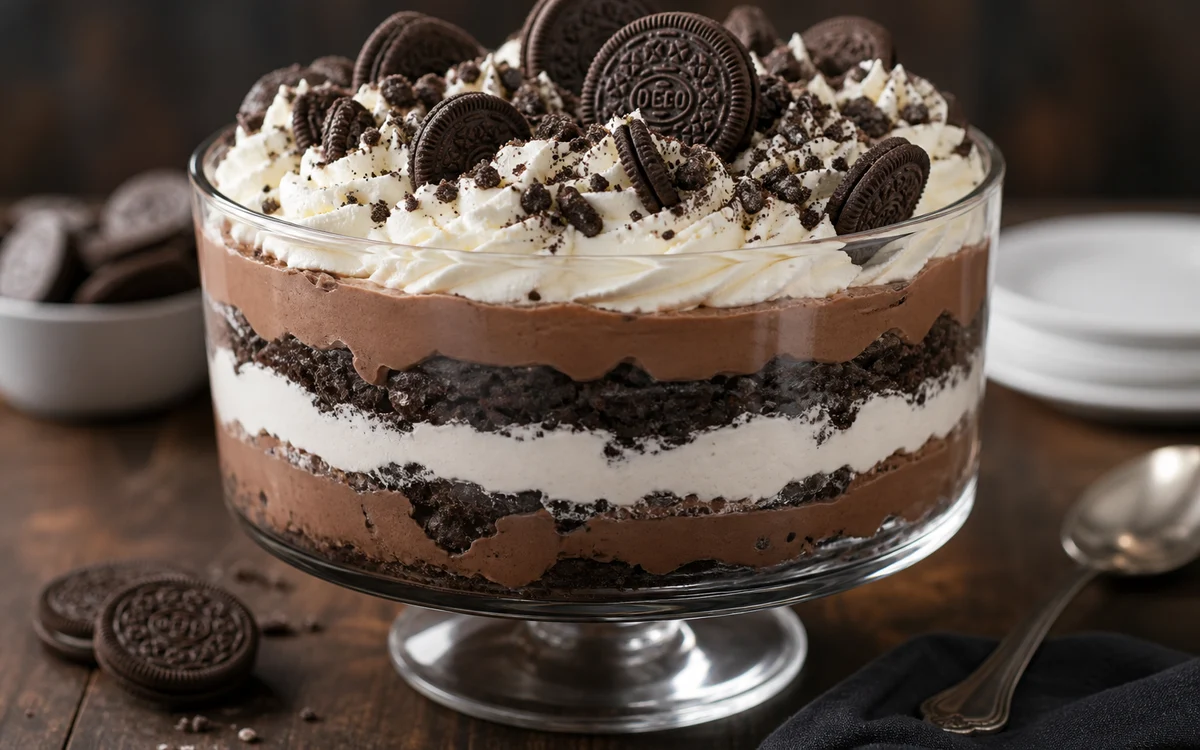 Layered Oreo pudding madness trifle dessert with whipped cream and cookie garnish