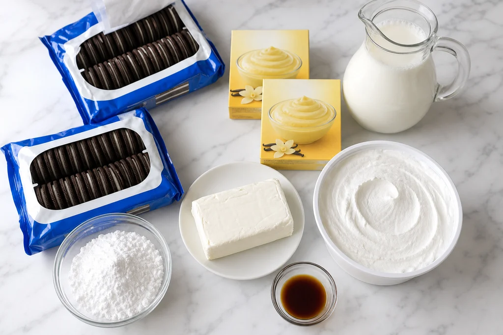 Ingredients for Oreo pudding madness including Oreos pudding mix milk and cream cheese