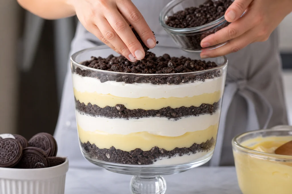 Layering crushed Oreos pudding and cream in a trifle dish