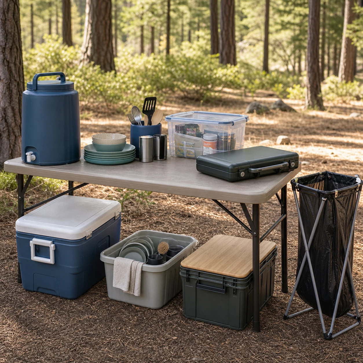 Organized camp kitchen table with cooler, water jug, dishes, and storage bins
