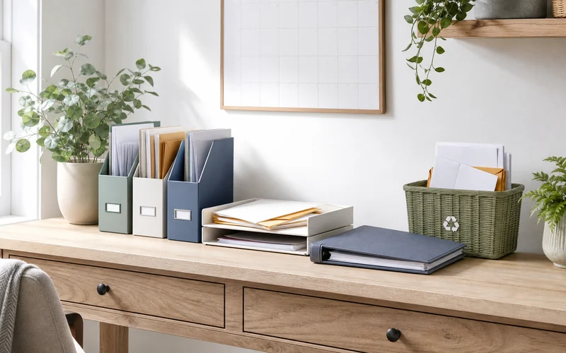 Organized household paper system with file holders, inbox trays, binder, and recycling basket