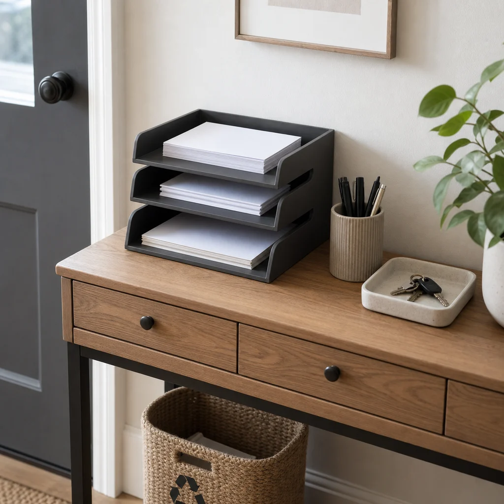 Three paper trays on an entry console with pen cup, key tray, and recycling basket