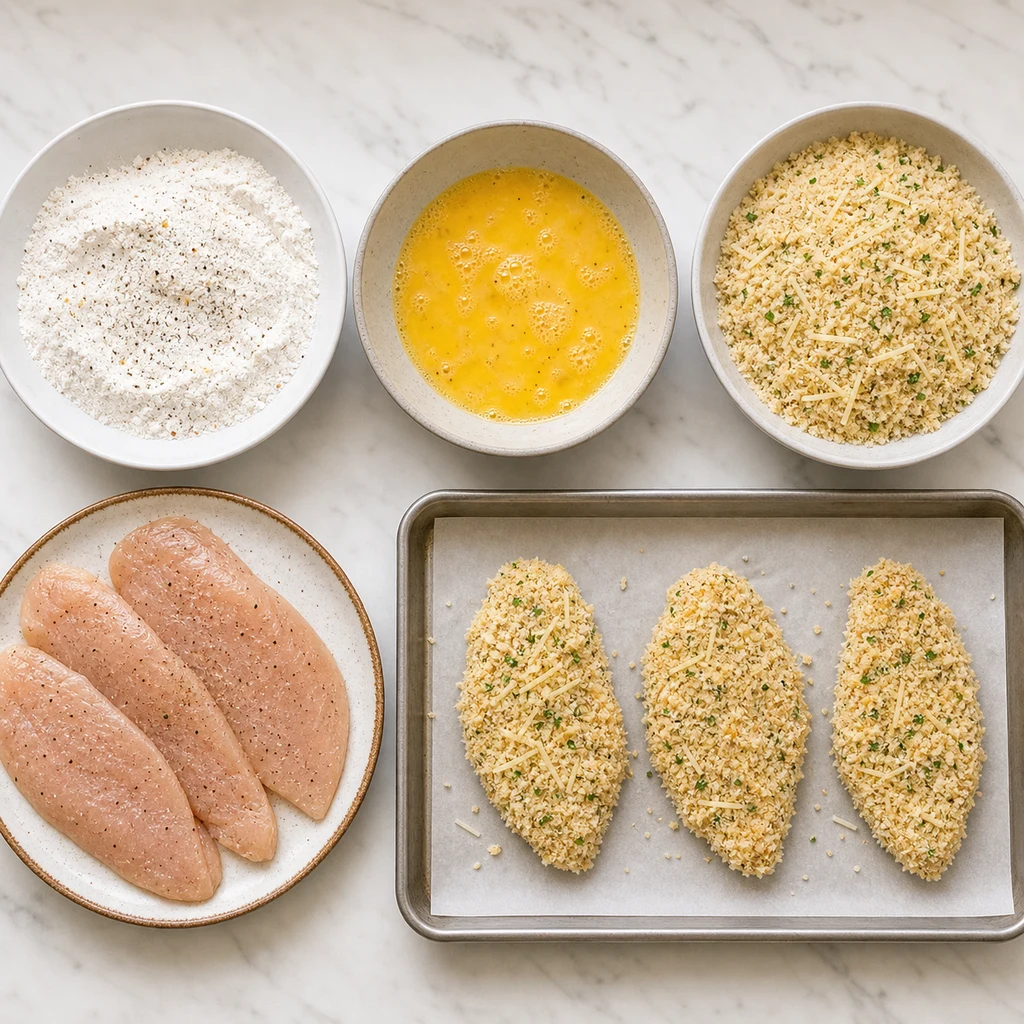Breading station for parmesan crusted chicken with flour, beaten egg, parmesan panko mixture, and coated cutlets
