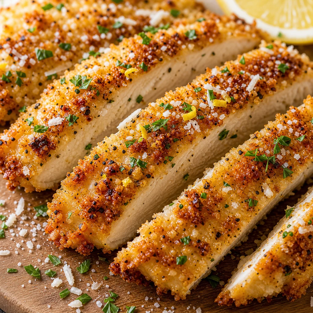 Close-up of sliced parmesan crusted chicken showing crisp golden coating and juicy white meat inside