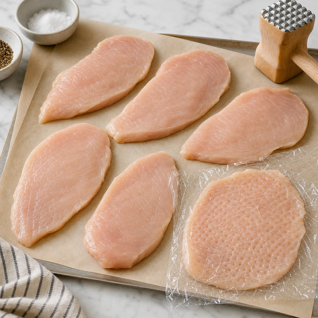 Thin chicken cutlets on parchment paper prepared for parmesan crusted chicken
