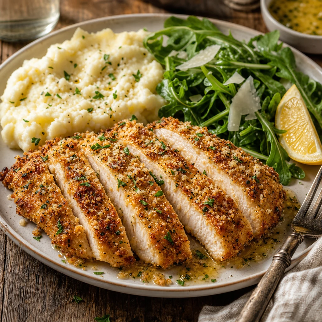 Parmesan crusted chicken served with mashed potatoes, arugula salad, lemon, and parmesan shavings