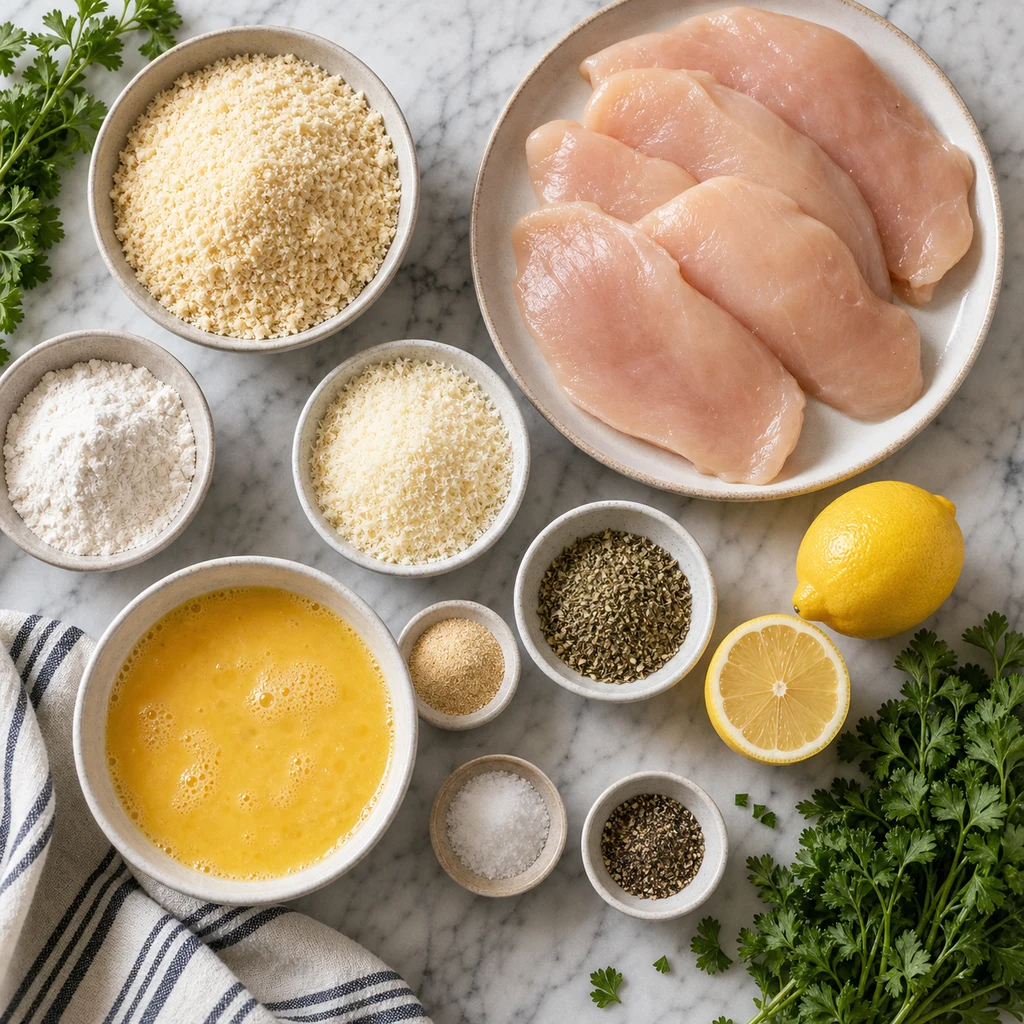 Ingredients for parmesan crusted chicken with chicken cutlets, panko, parmesan, flour, eggs, herbs, lemon, salt, and pepper