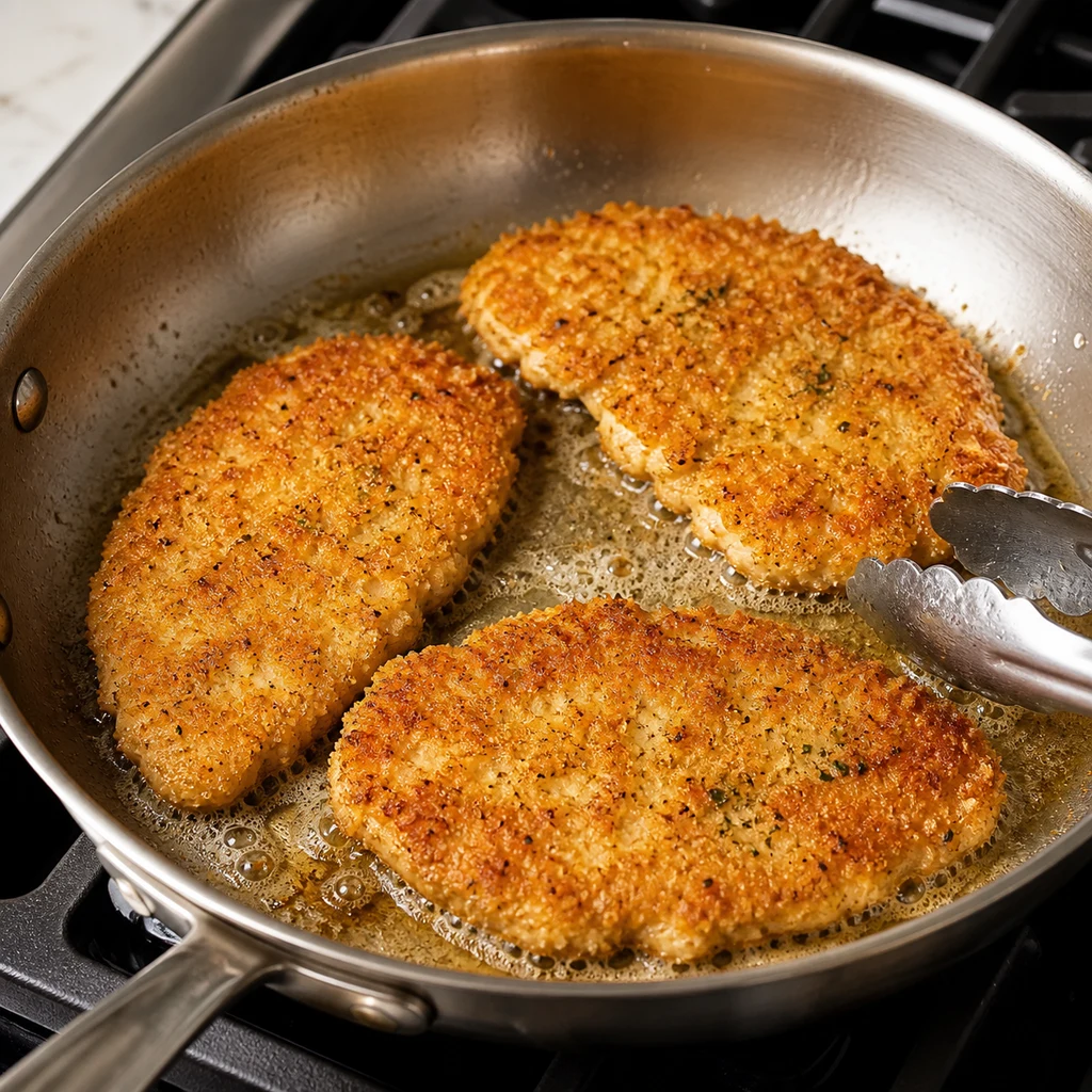 Parmesan crusted chicken cutlets cooking in a skillet until golden and crisp