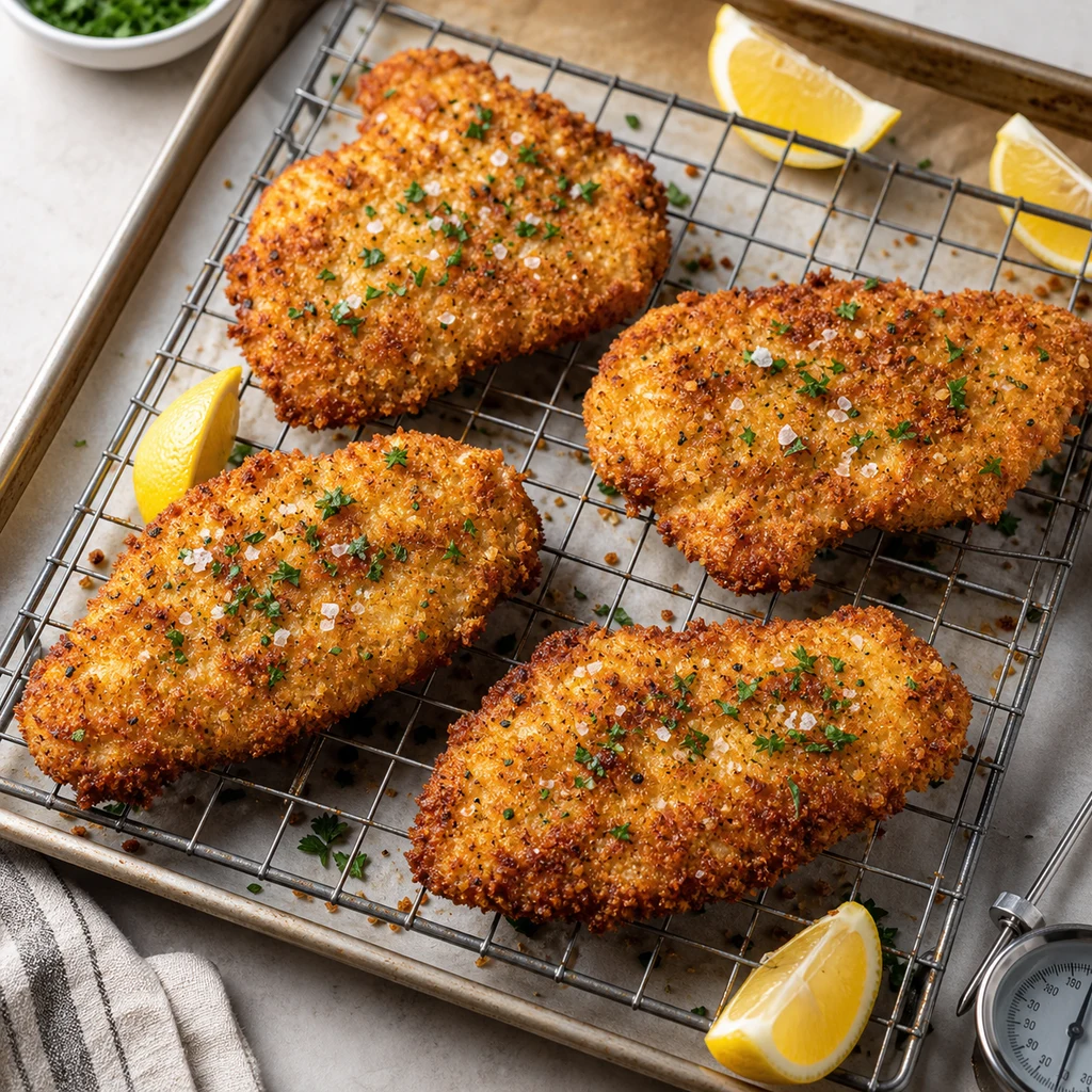 Golden parmesan crusted chicken cutlets resting on a wire rack with lemon wedges and parsley