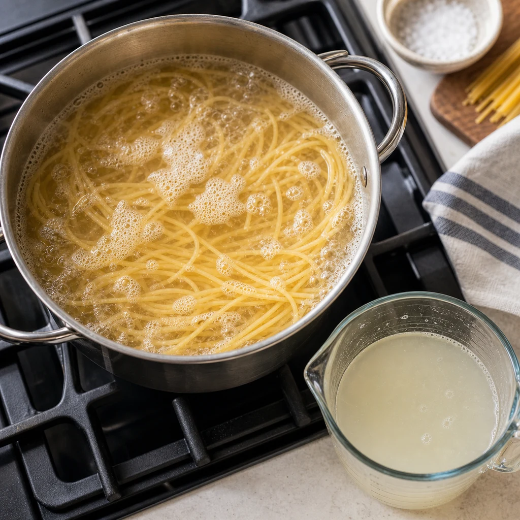 Spaghetti cooking in salted water with cloudy reserved pasta water beside the pot for Parmesan garlic noodles