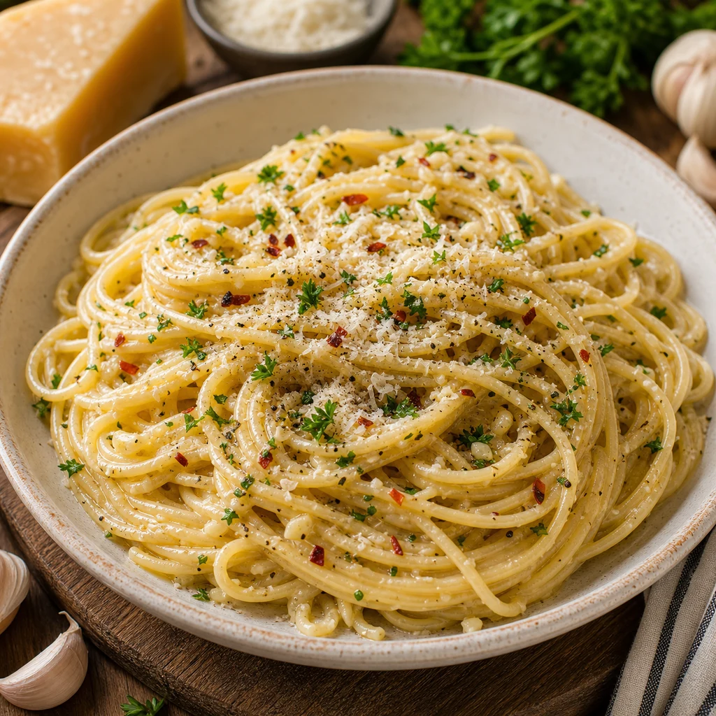 Parmesan Garlic Noodles Recipe with glossy spaghetti, garlic butter Parmesan sauce, parsley, black pepper, red pepper flakes, and extra Parmesan