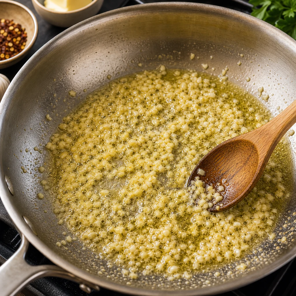 Minced garlic gently cooking in melted butter with red pepper flakes in a skillet for Parmesan garlic noodles