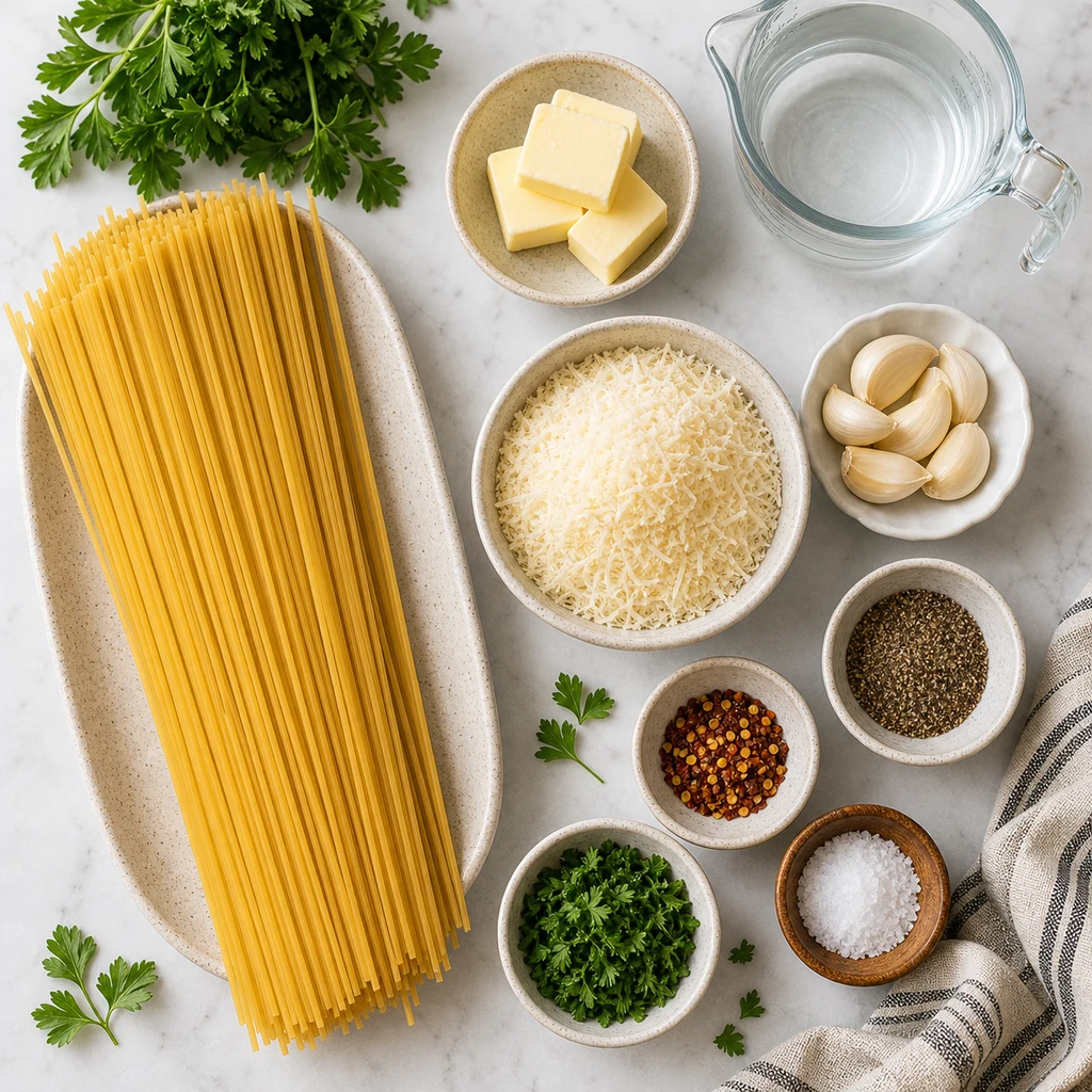 Ingredients for Parmesan Garlic Noodles Recipe including spaghetti, butter, garlic, Parmesan, parsley, black pepper, red pepper flakes, salt, and pasta water