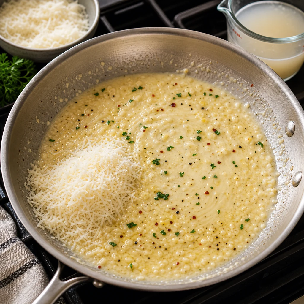 Parmesan melting into garlic butter and pasta water in a skillet to make silky sauce for noodles