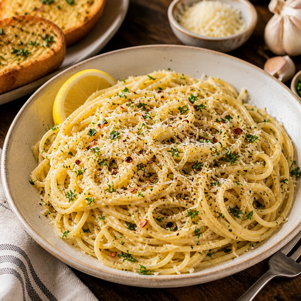 Served Parmesan garlic noodles in a bowl with grated Parmesan, parsley, black pepper, red pepper flakes, lemon, and garlic bread