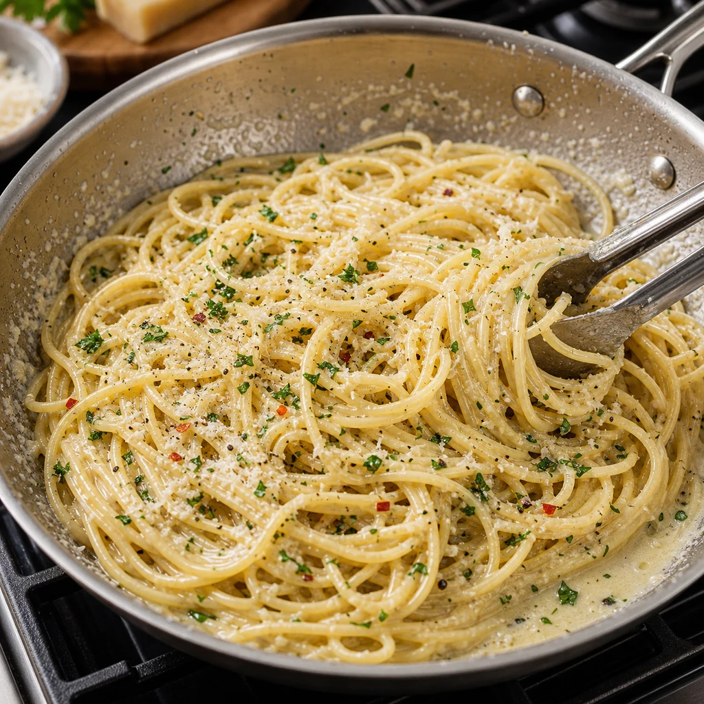 Spaghetti tossed in garlic butter Parmesan sauce with parsley and black pepper in a skillet