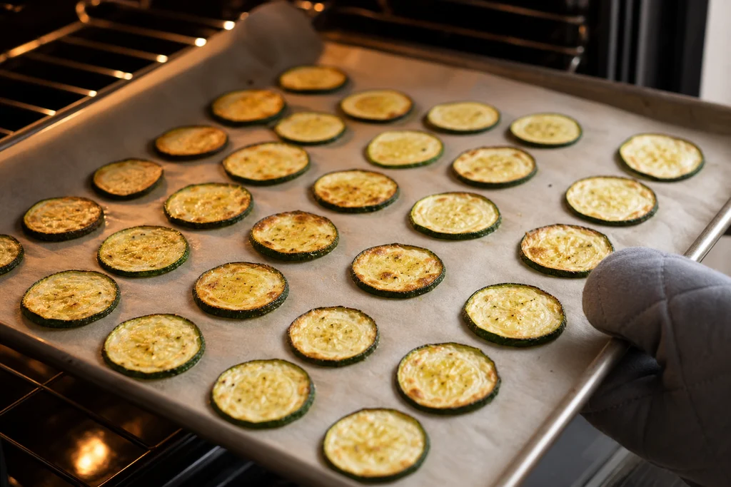 Parmesan garlic zucchini chips baking on parchment lined sheet pan