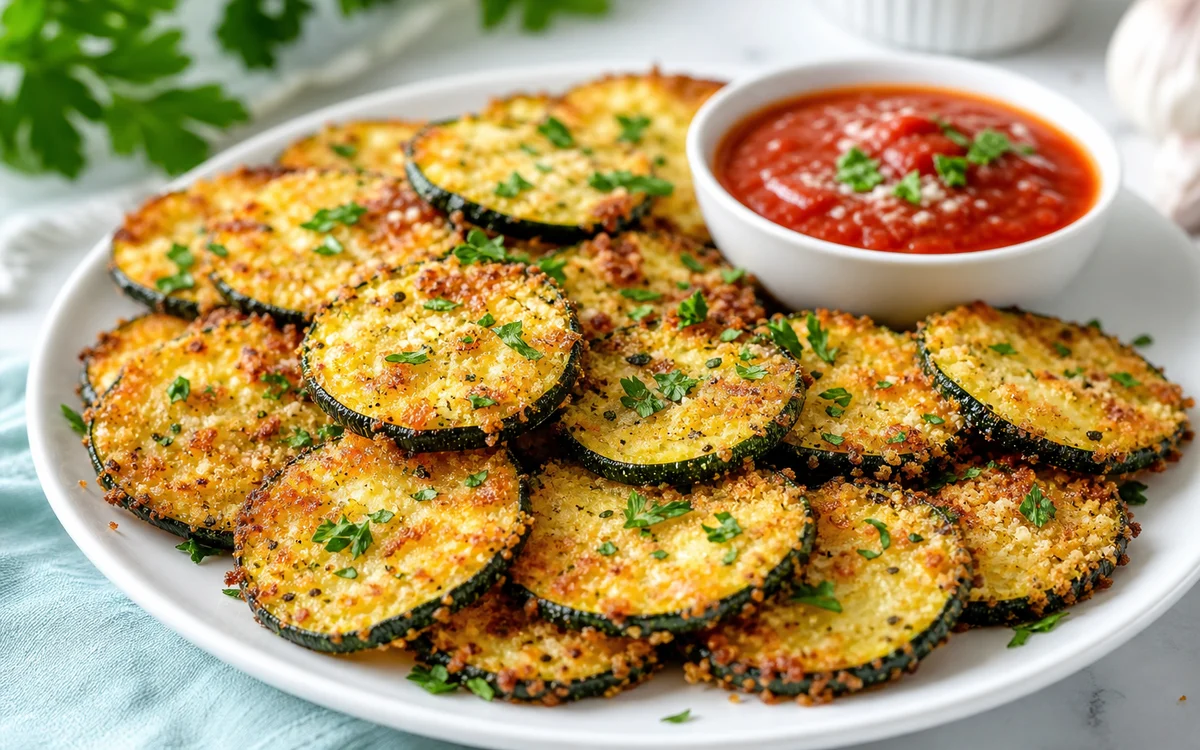 Golden crispy parmesan garlic zucchini chips on a plate with marinara dip