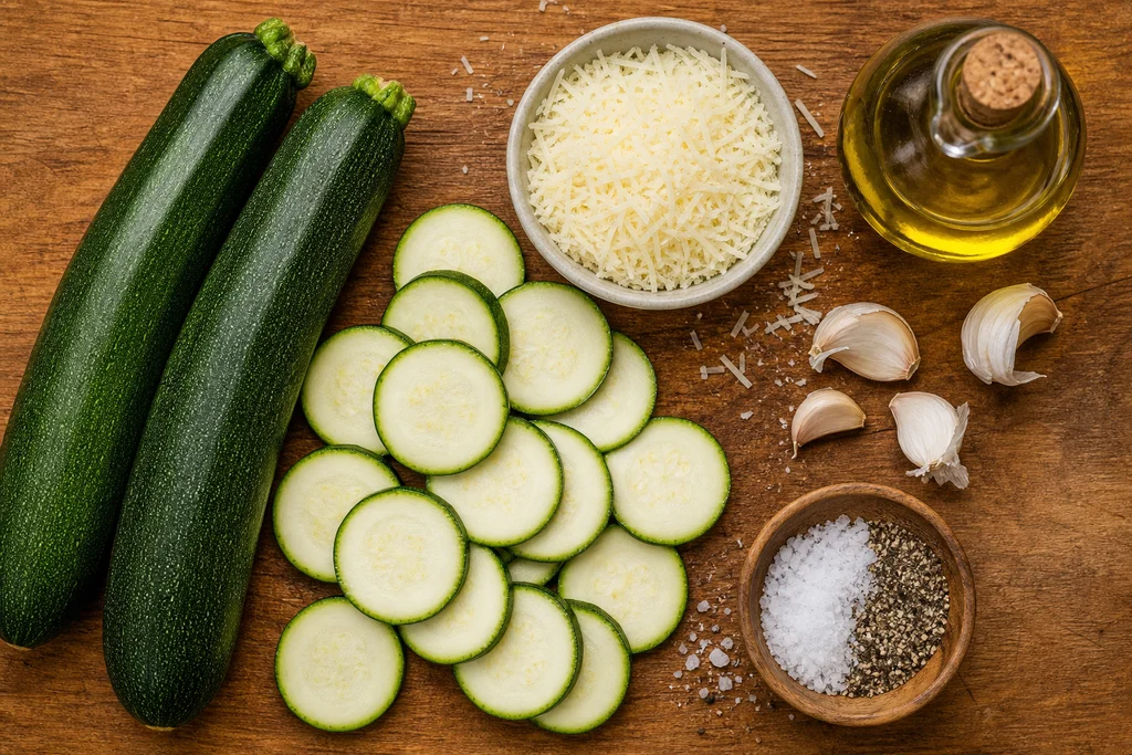 Ingredients for parmesan garlic zucchini chips with zucchini parmesan garlic and olive oil
