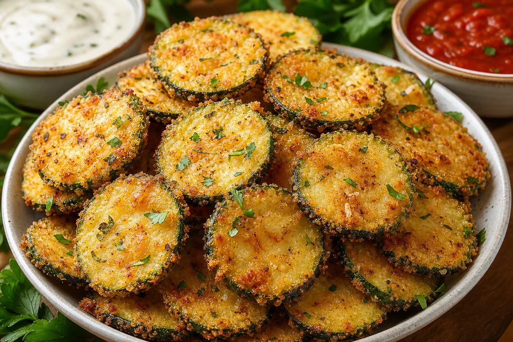 Crispy parmesan garlic zucchini chips served with dips and parsley